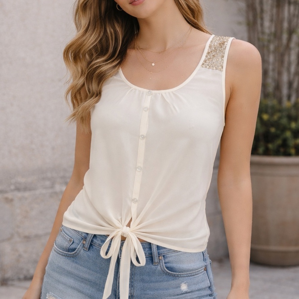 Mine brand chiffon tie waist sleeveless sequin top ❤️